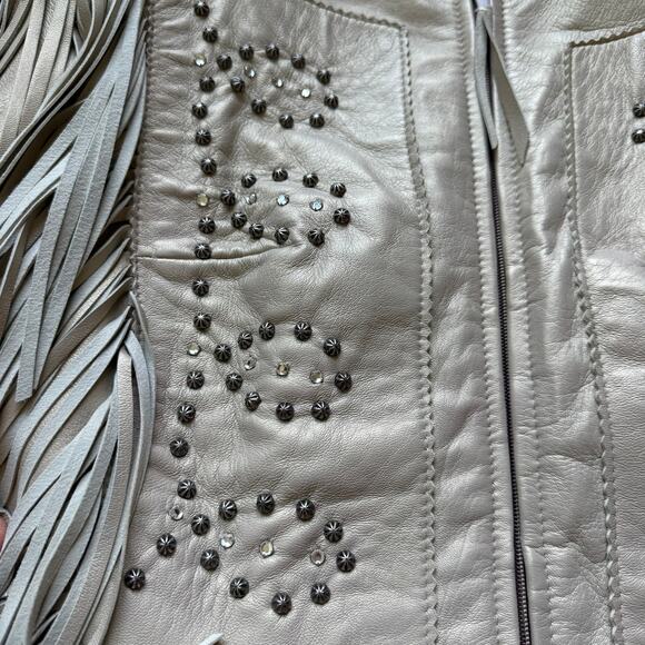 Patricia Wolf Pearlized Leather Fringe Jacket Beige Women’s 10 Made in Texas - Picture 9 of 13